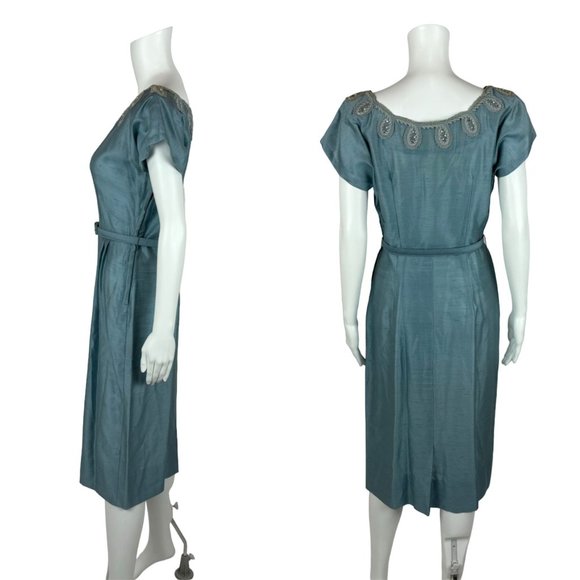 Vintage 1950s Dress Set Women's Small Faux Silk Blue Cocktail Outfit - Picture 7 of 15